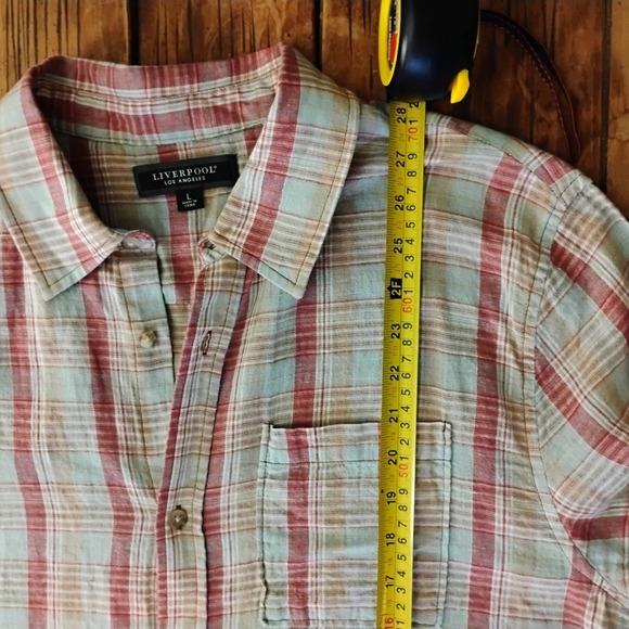 Liverpool  Mens Plaid Shirt Button Up Short Sleeve Casual linen/ cotton blend - Picture 6 of 7